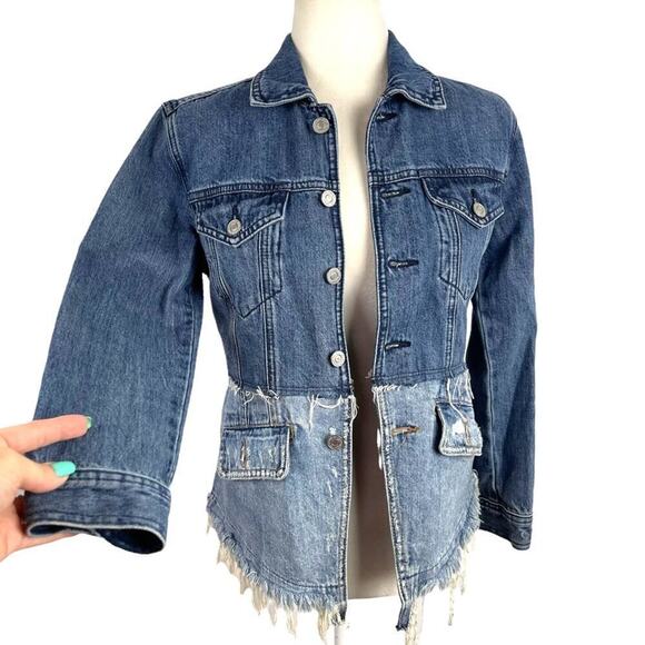 LUCKY BRAND Remade Distressed Denim Waisted Trucker Jacket Raw Frayed Hem XS - Picture 5 of 15